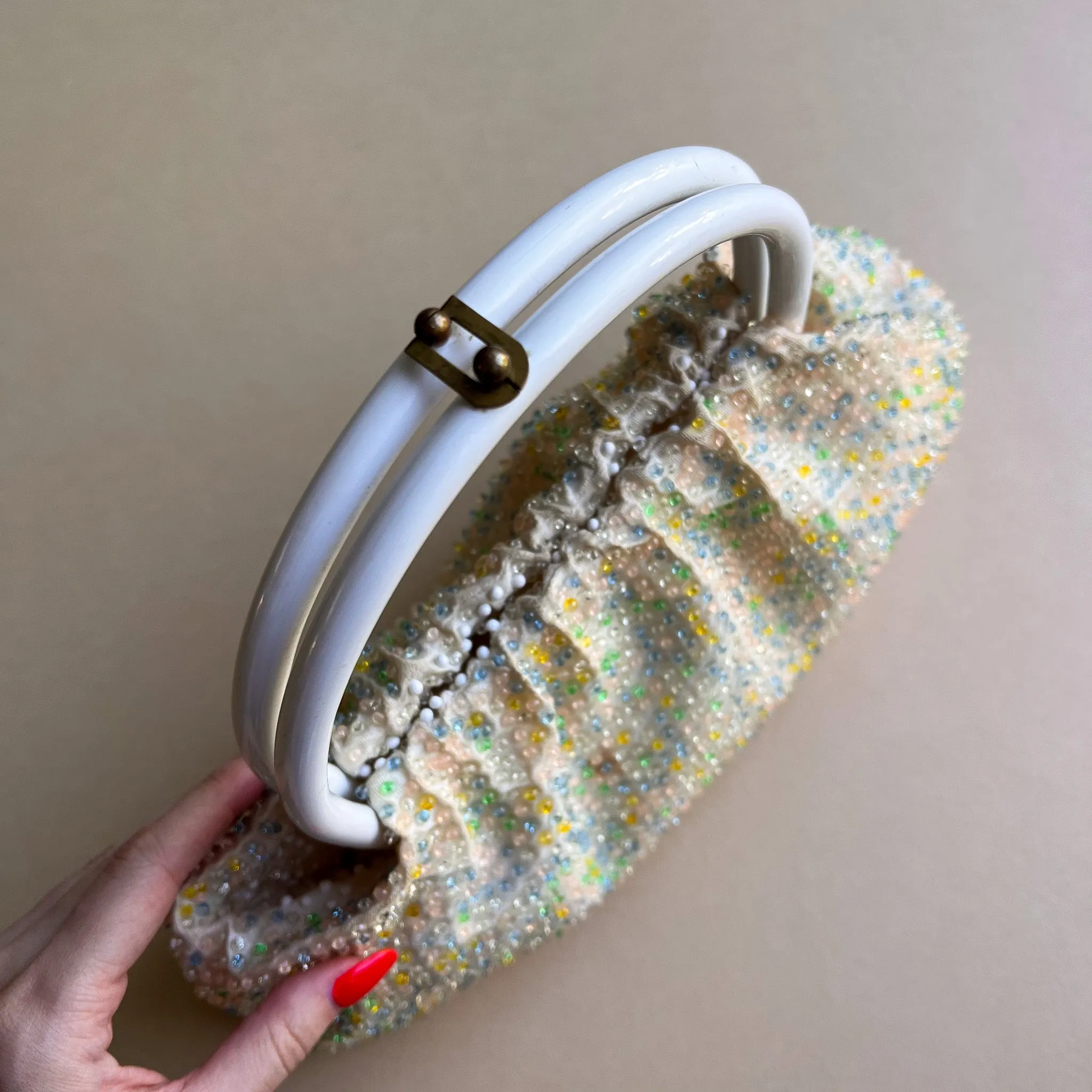 Incredible 1960s Reversible White and Candy-Colored Beaded Handbag