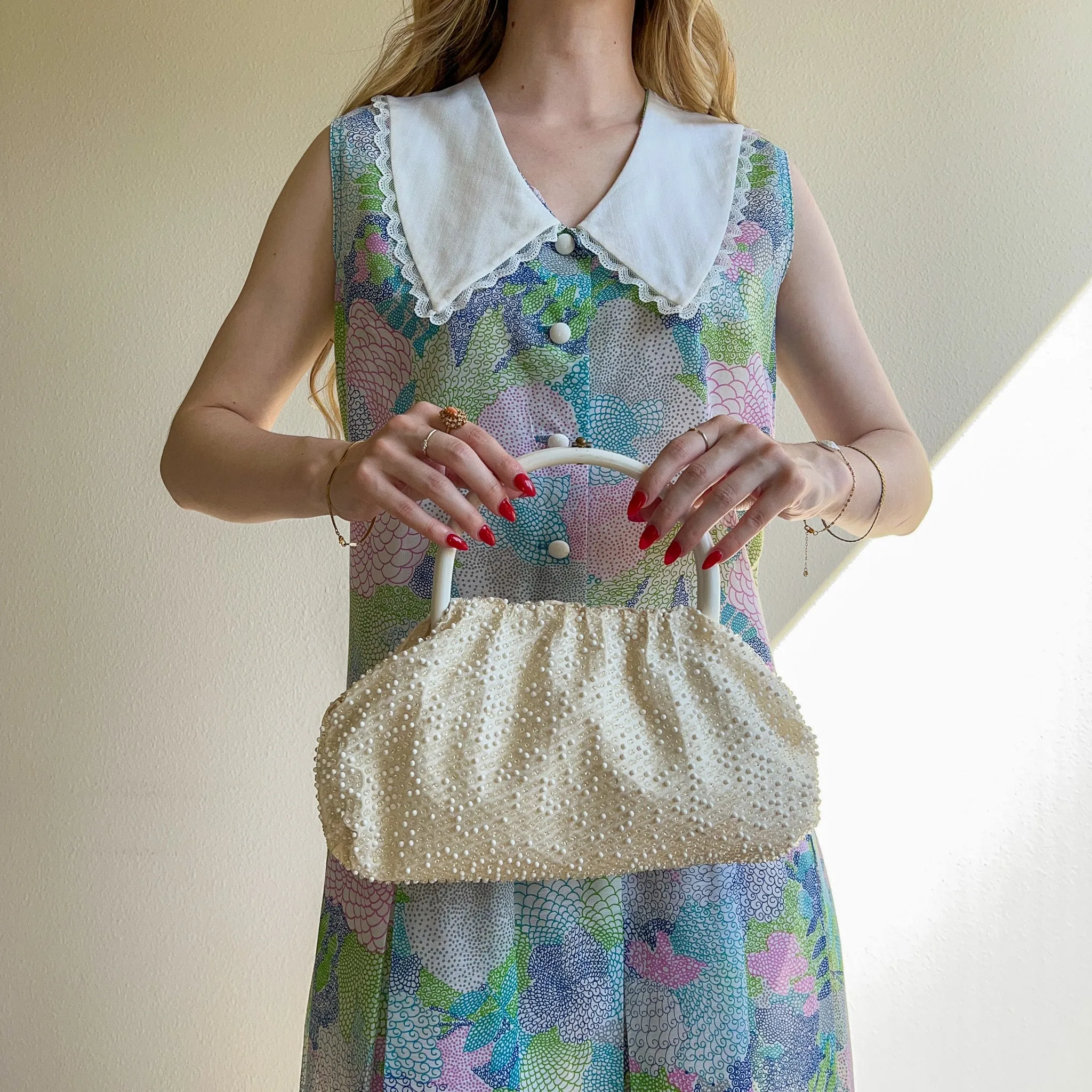 Incredible 1960s Reversible White and Candy-Colored Beaded Handbag