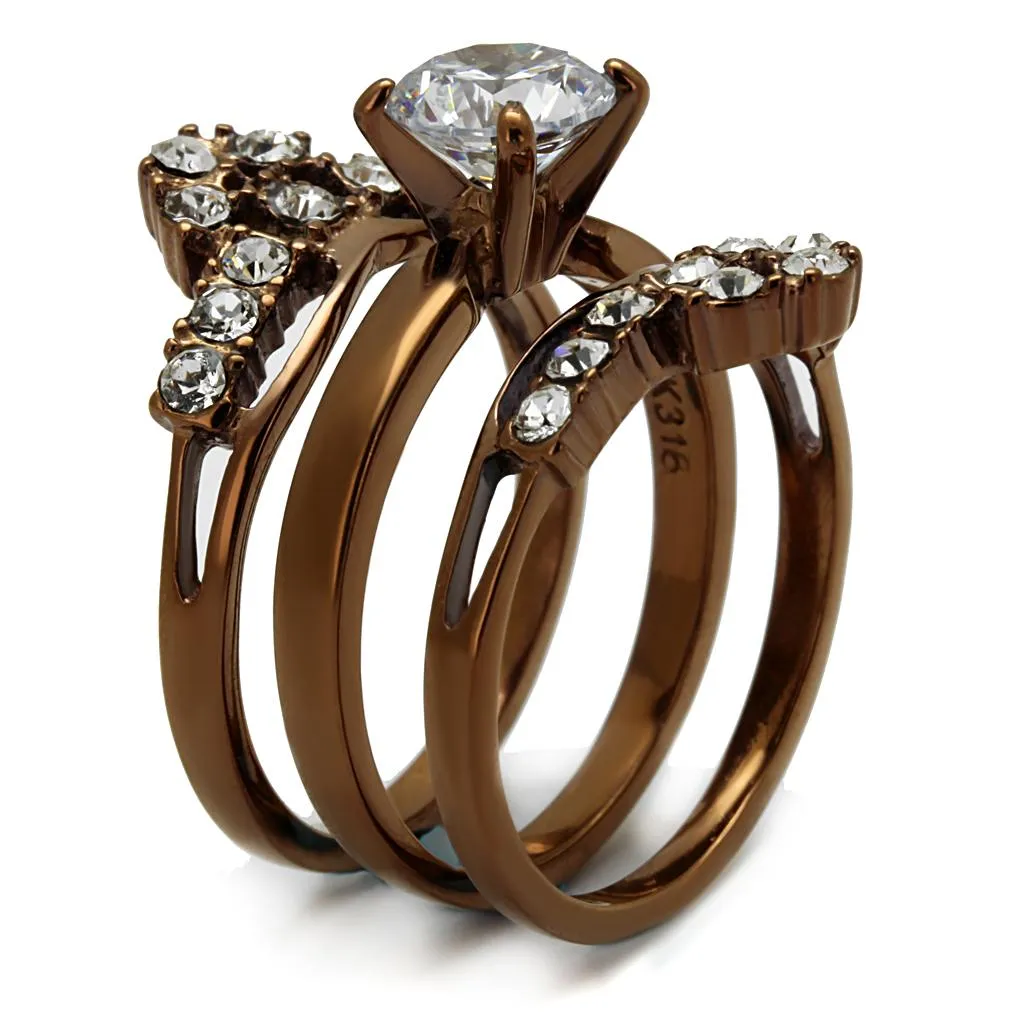 IP Coffee light Stainless Steel Ring with AAA Grade CZ in Clear for Women Style TK2647
