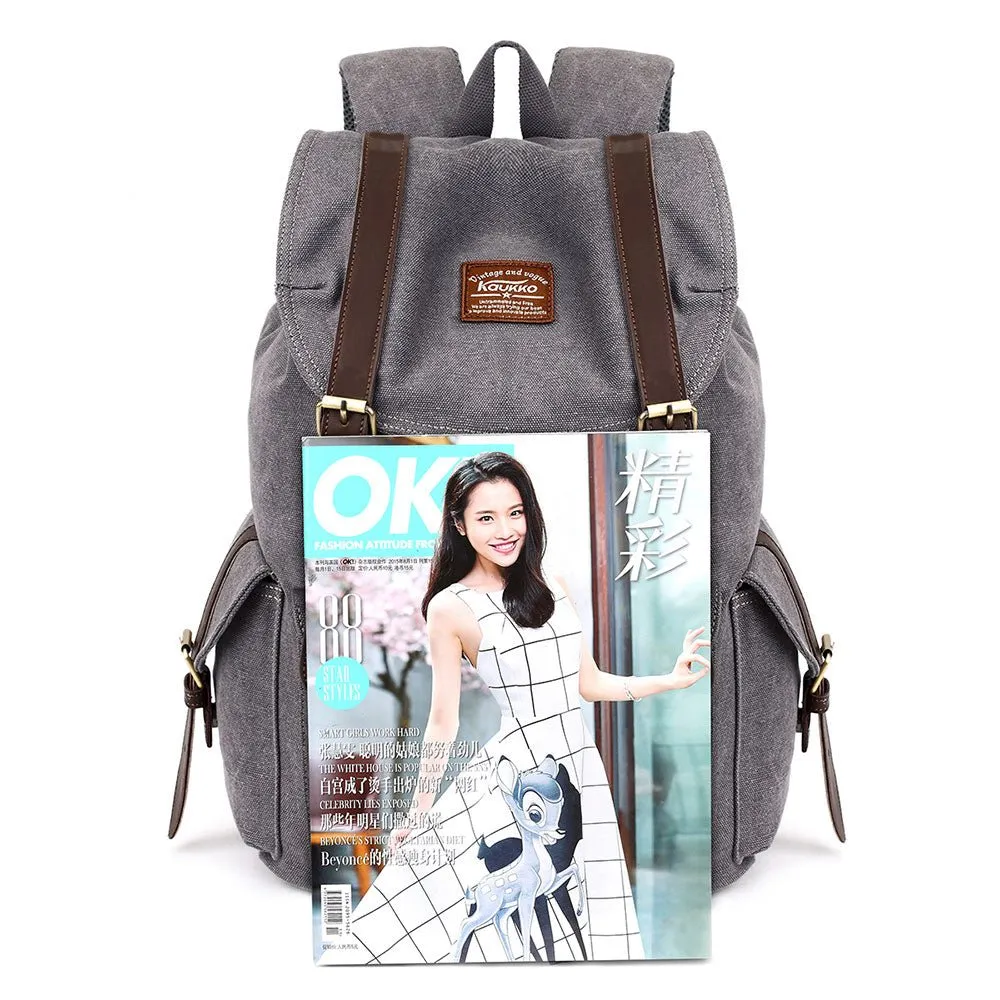 KAUKKO Retro Canvas Bag Outdoor School Backpack Travel Casual Hiking Rucksack  ( Grey )