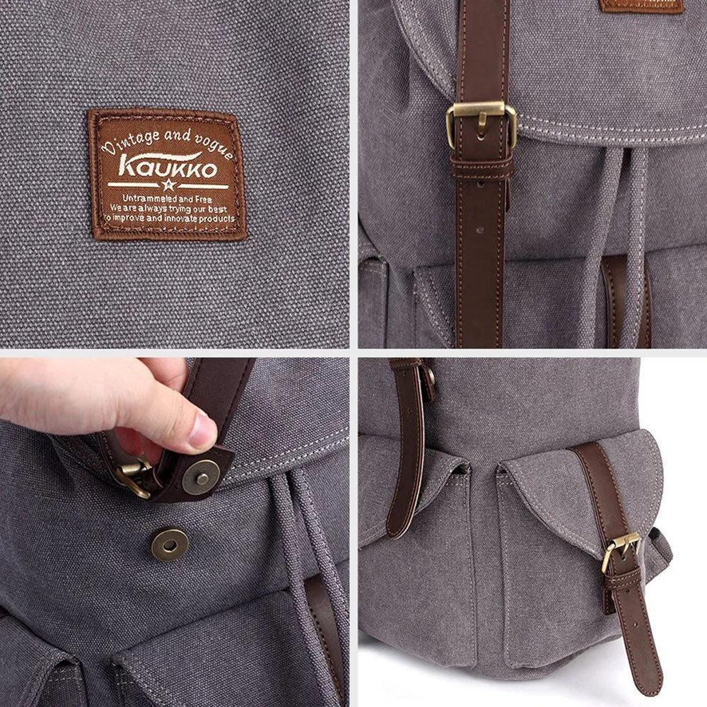 KAUKKO Retro Canvas Bag Outdoor School Backpack Travel Casual Hiking Rucksack  ( Grey )
