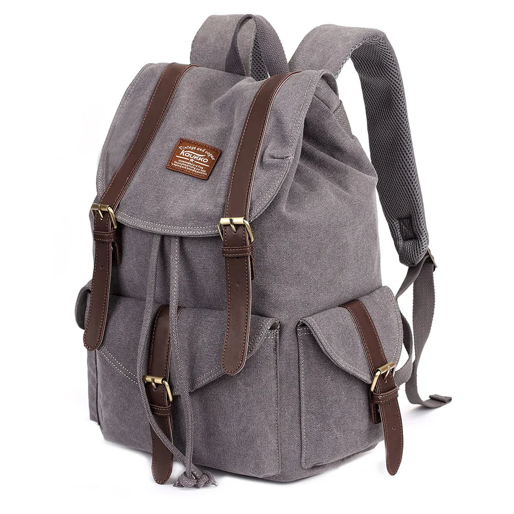 KAUKKO Retro Canvas Bag Outdoor School Backpack Travel Casual Hiking Rucksack  ( Grey )