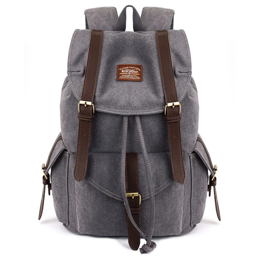 KAUKKO Retro Canvas Bag Outdoor School Backpack Travel Casual Hiking Rucksack  ( Grey )