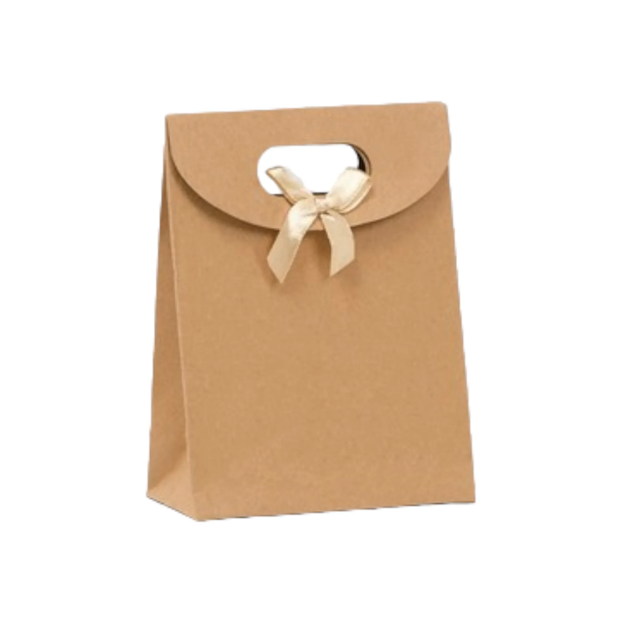 Kraft Gift Bag Die Cut Handle with Bow Ribbon