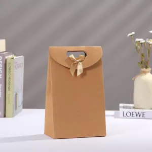 Kraft Gift Bag Die Cut Handle with Bow Ribbon