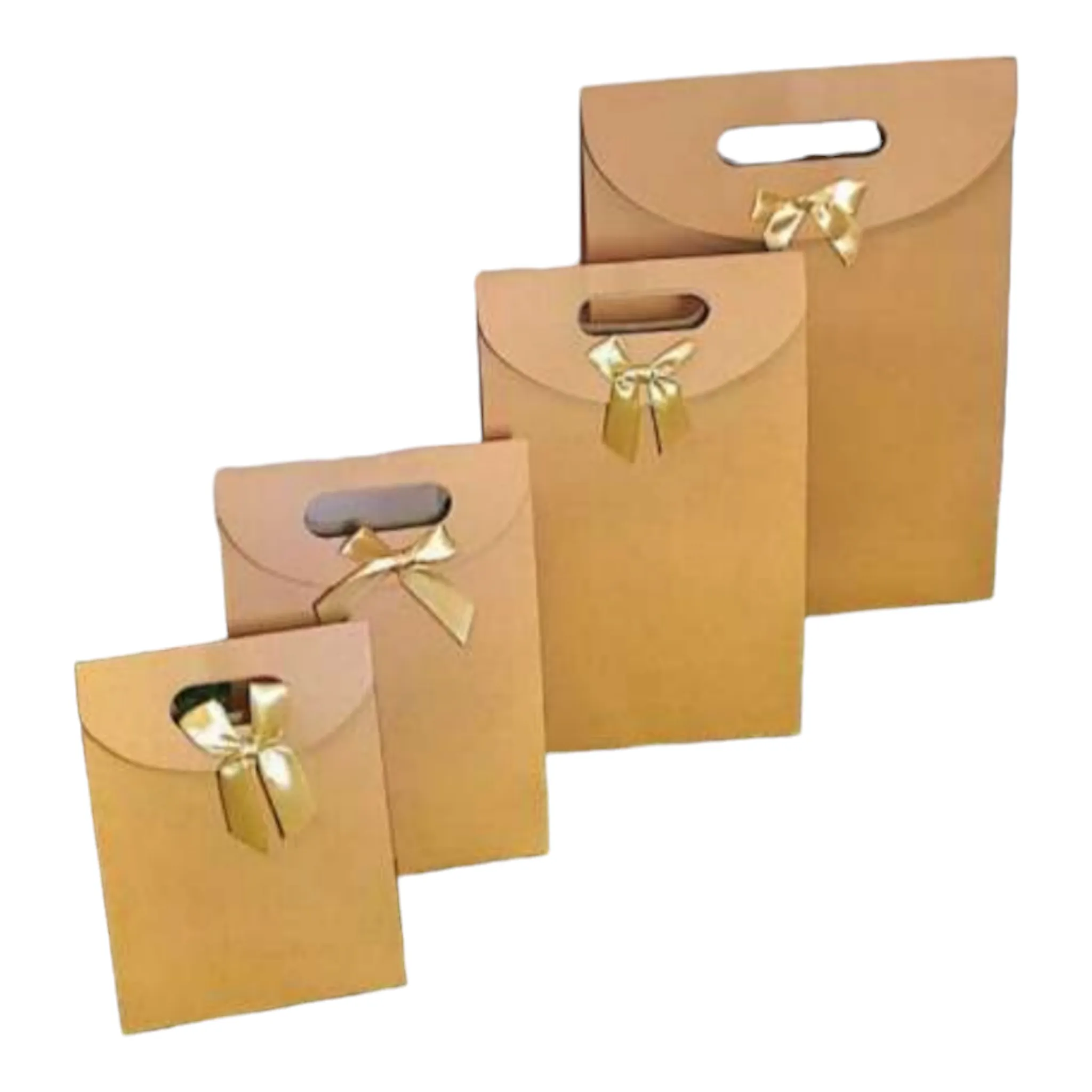 Kraft Gift Bag Die Cut Handle with Bow Ribbon