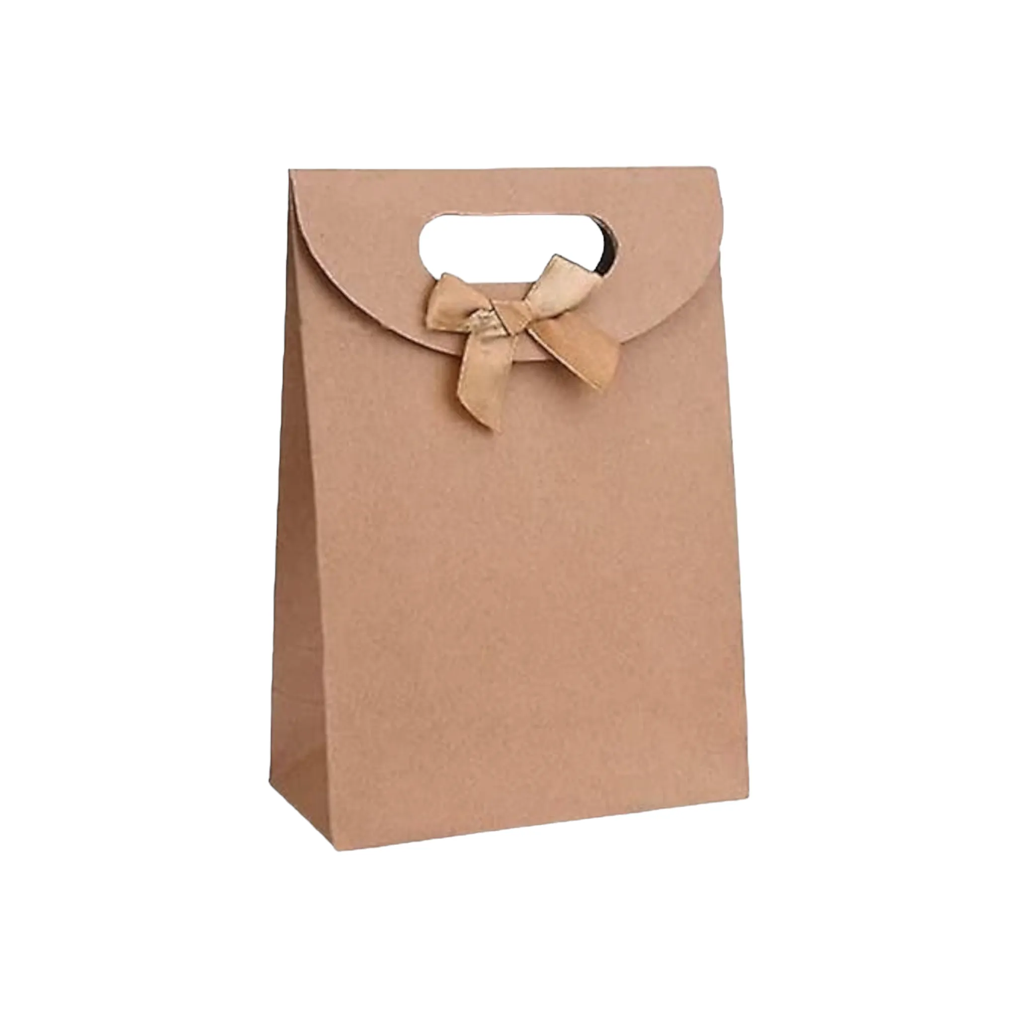 Kraft Gift Bag Die Cut Handle with Bow Ribbon