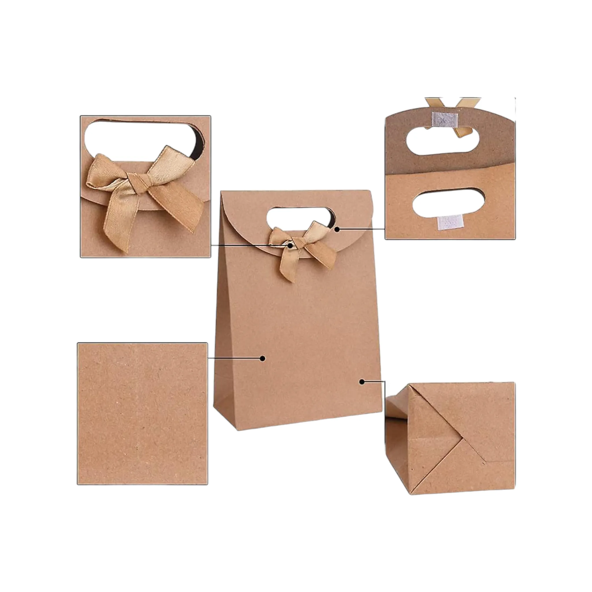 Kraft Gift Bag Die Cut Handle with Bow Ribbon