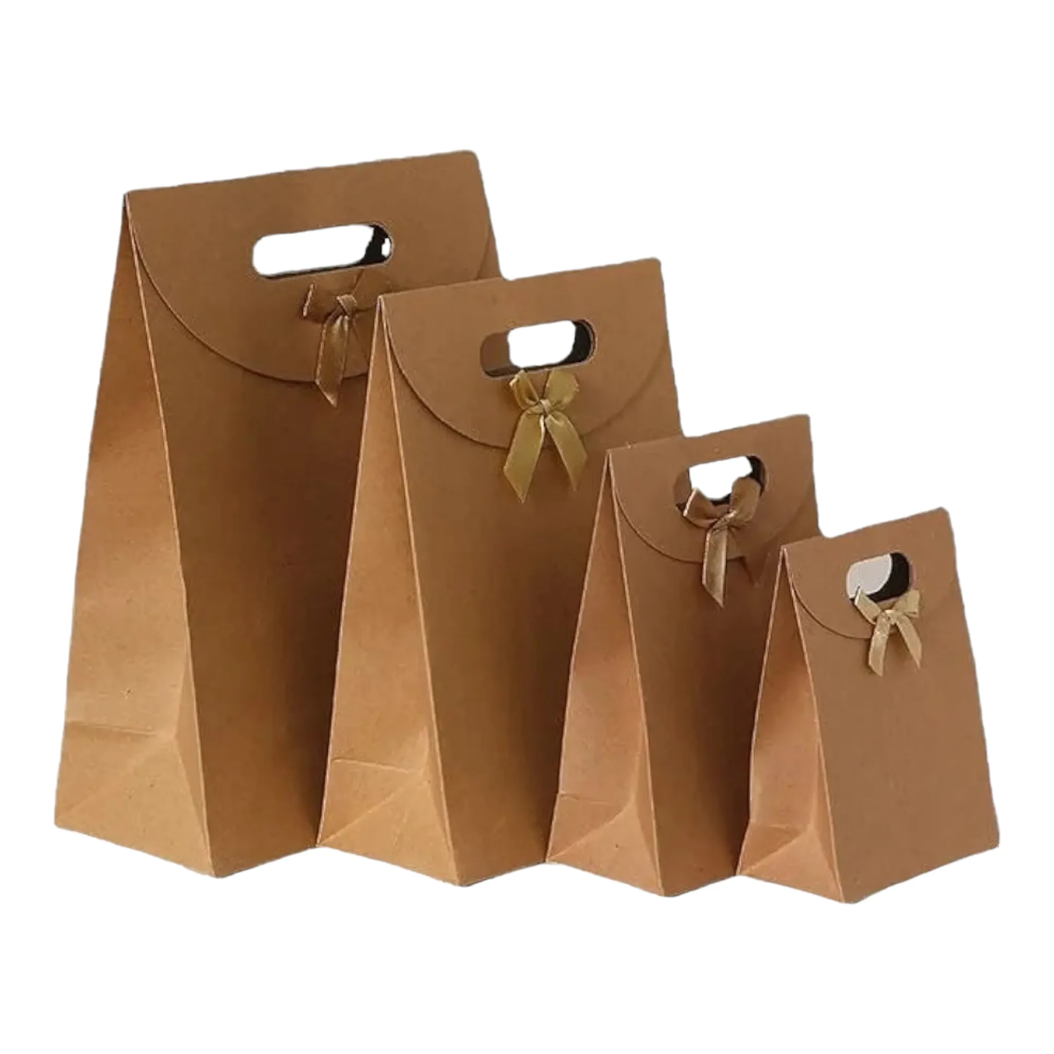 Kraft Gift Bag Die Cut Handle with Bow Ribbon