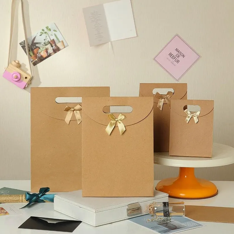 Kraft Gift Bag Die Cut Handle with Bow Ribbon