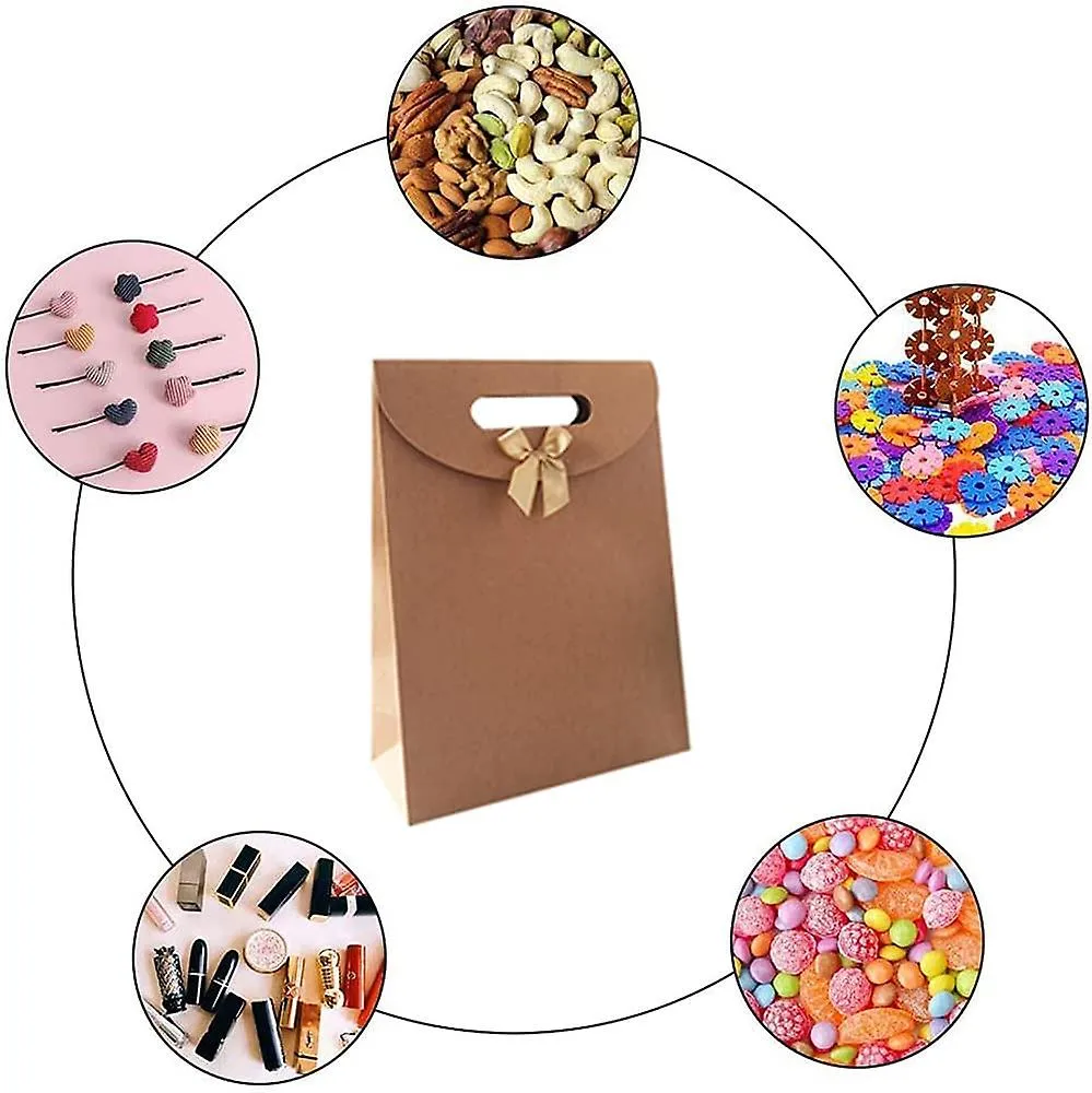 Kraft Gift Bag Die Cut Handle with Bow Ribbon