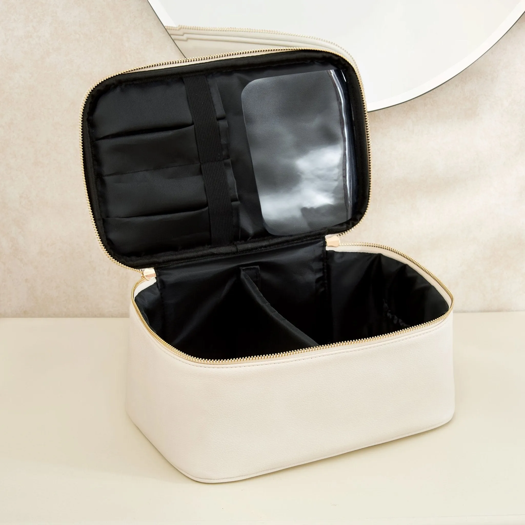 Large Branded Makeup Bag - Faux Leather - Natural