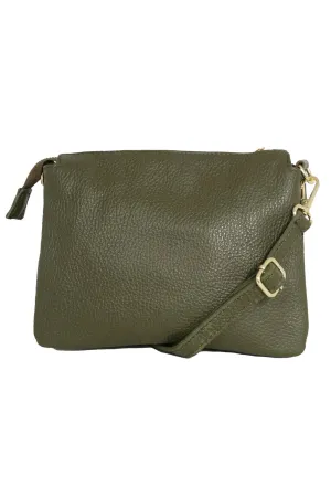 Leather Triple Action Crossbody Bag - Khaki