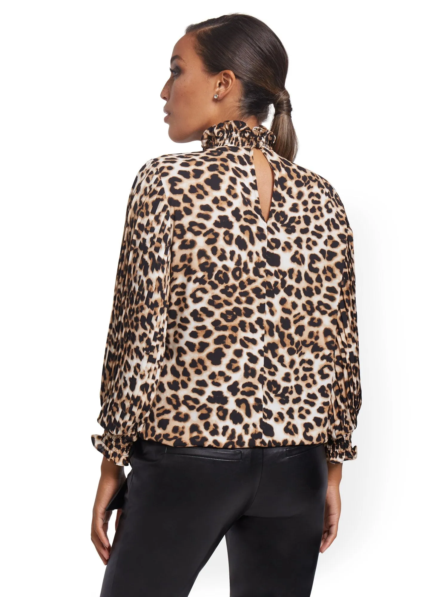Leopard-Print Pleated-Sleeve Blouse