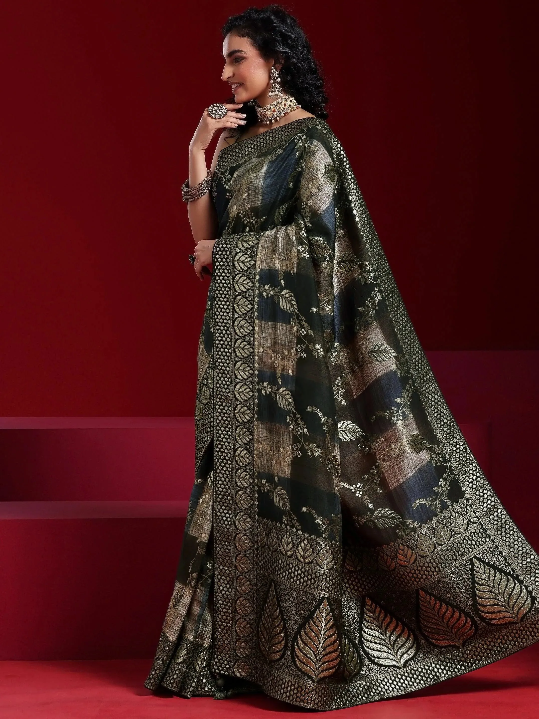 Libas Art Black Colorblocked Satin Saree With Unstitched  Blouse Piece