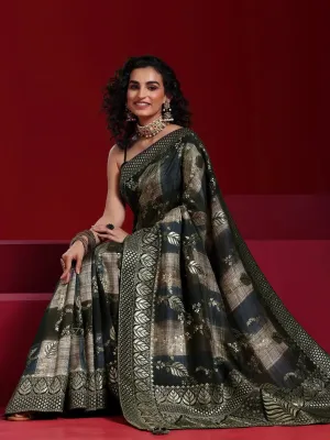 Libas Art Black Colorblocked Satin Saree With Unstitched  Blouse Piece
