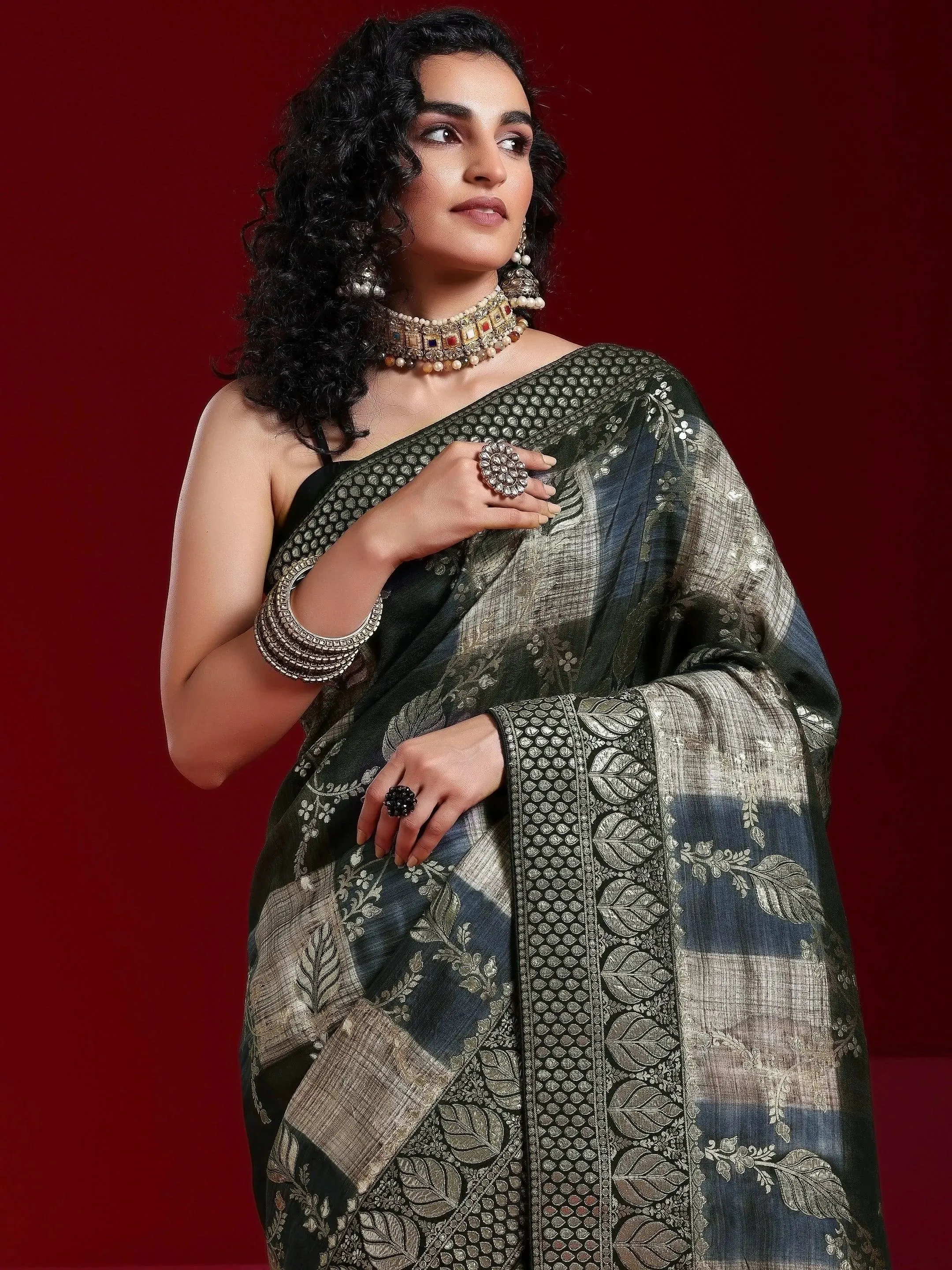 Libas Art Black Colorblocked Satin Saree With Unstitched  Blouse Piece