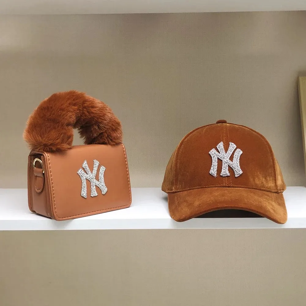 Luxury custom rhinestone bling ny New York Hat and Ny fur handbag set