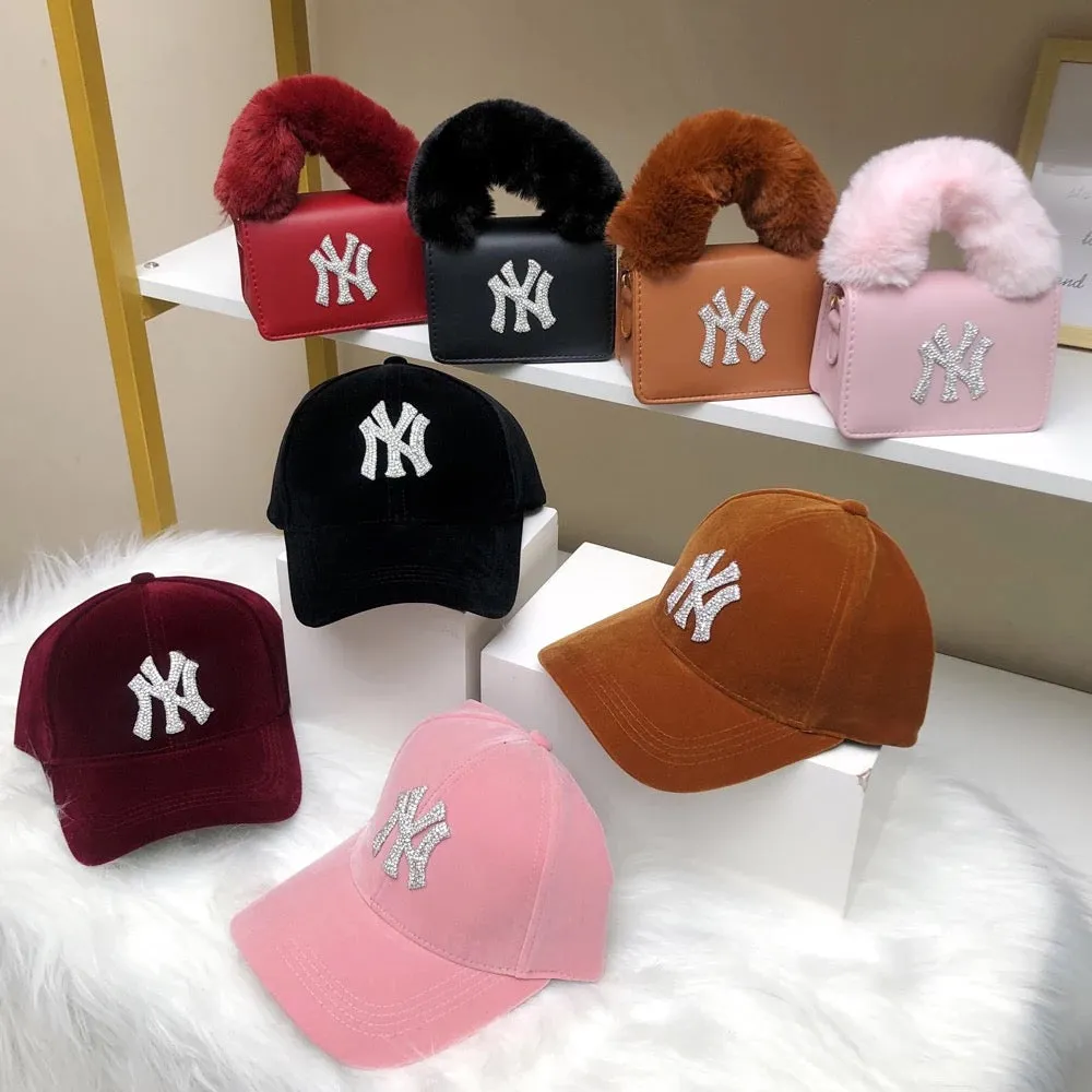 Luxury custom rhinestone bling ny New York Hat and Ny fur handbag set
