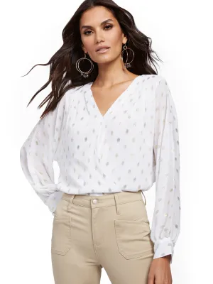 Metallic-Dot Pleated Wrap Blouse