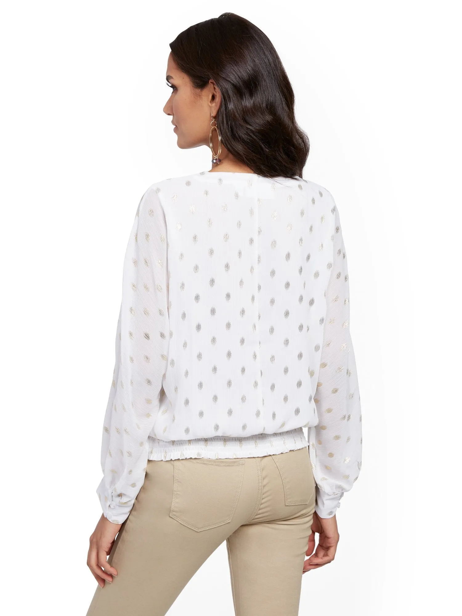 Metallic-Dot Pleated Wrap Blouse