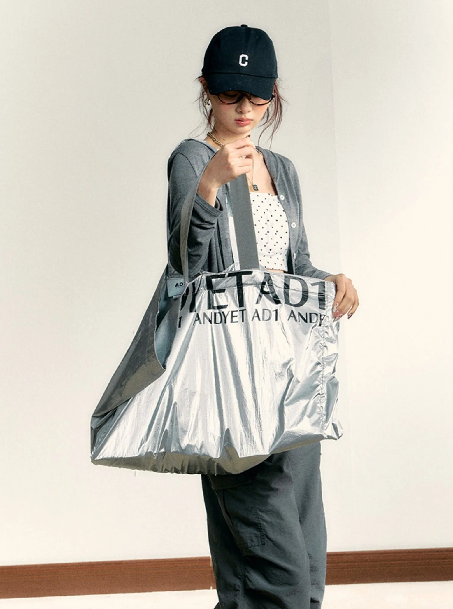 Metallic Silver Oversized Tote Bag: Large Capacity Shopper with Bold Logo Print