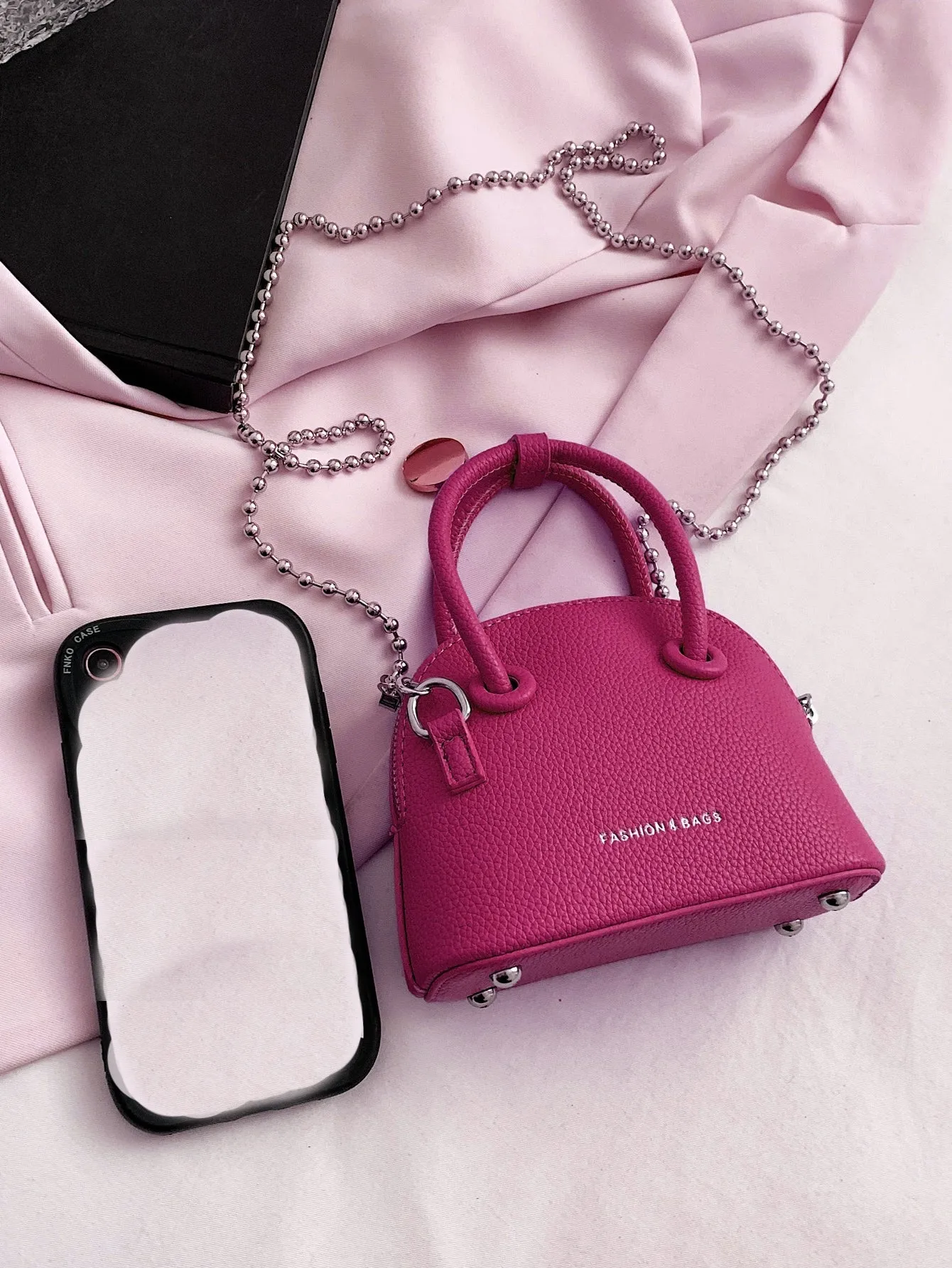 Mini Neon Pink Litchi Embossed Chain Dome Bag