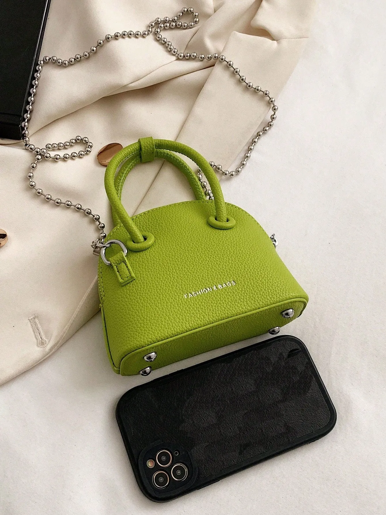 Mini Neon Pink Litchi Embossed Chain Dome Bag