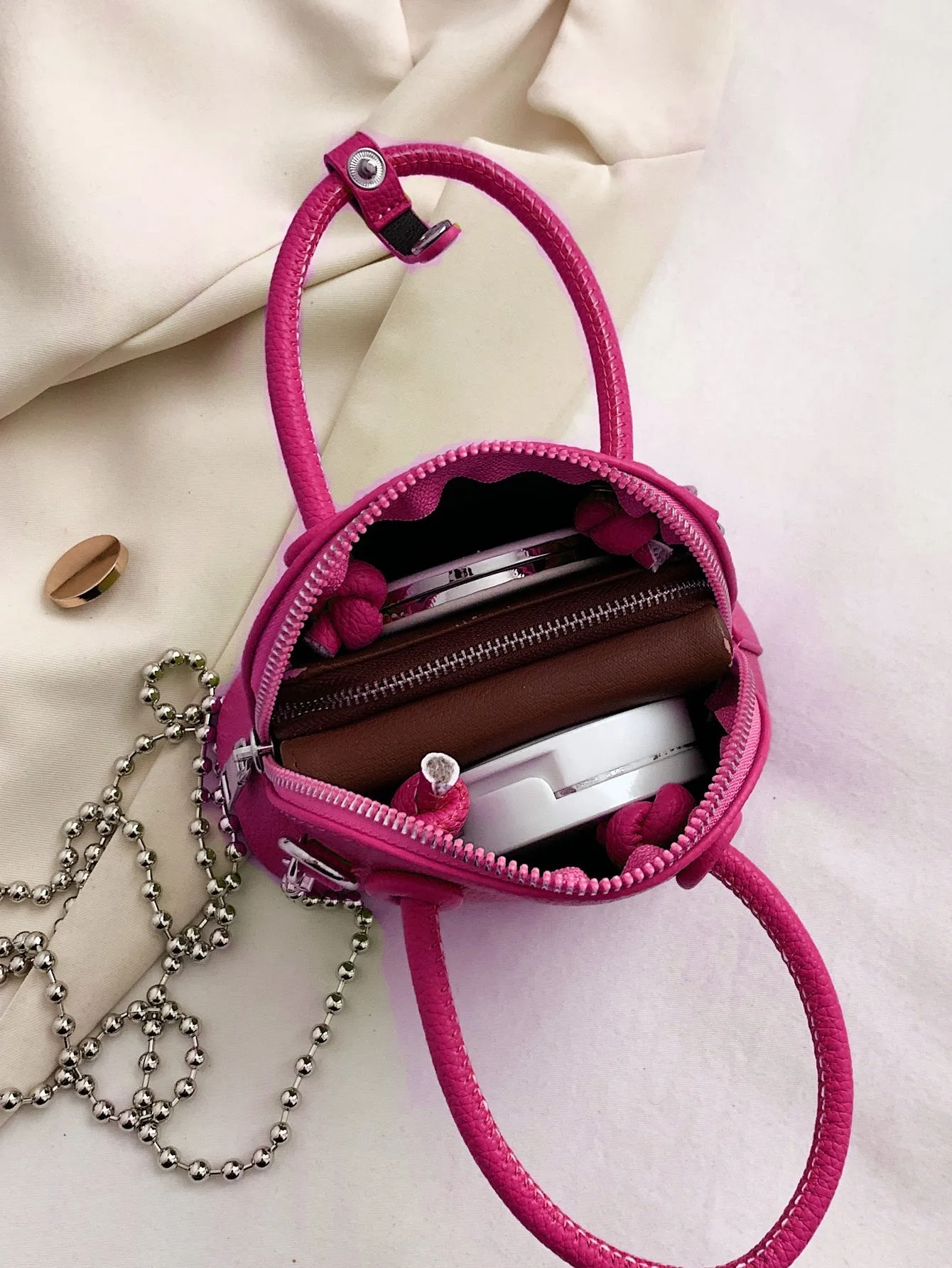 Mini Neon Pink Litchi Embossed Chain Dome Bag