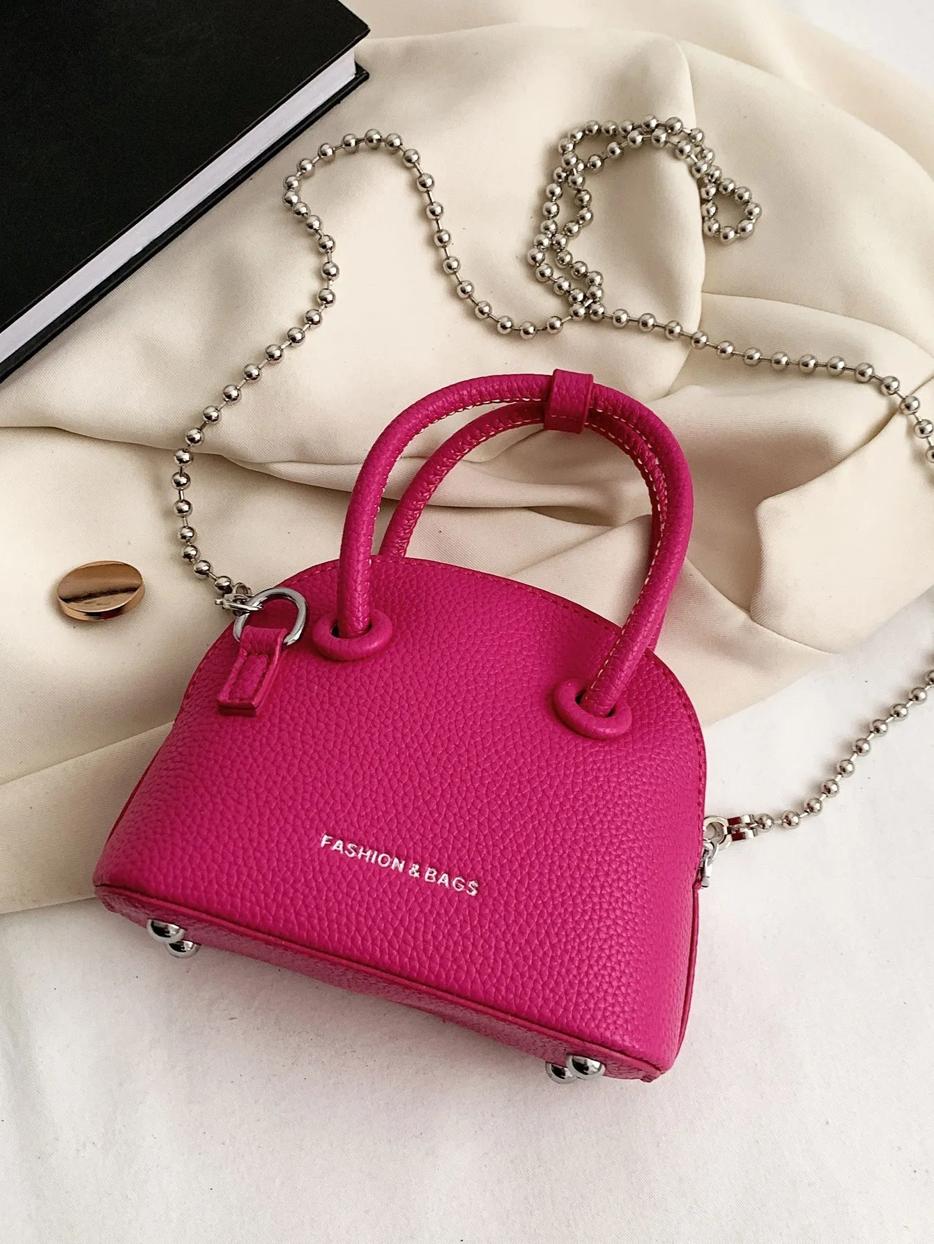 Mini Neon Pink Litchi Embossed Chain Dome Bag
