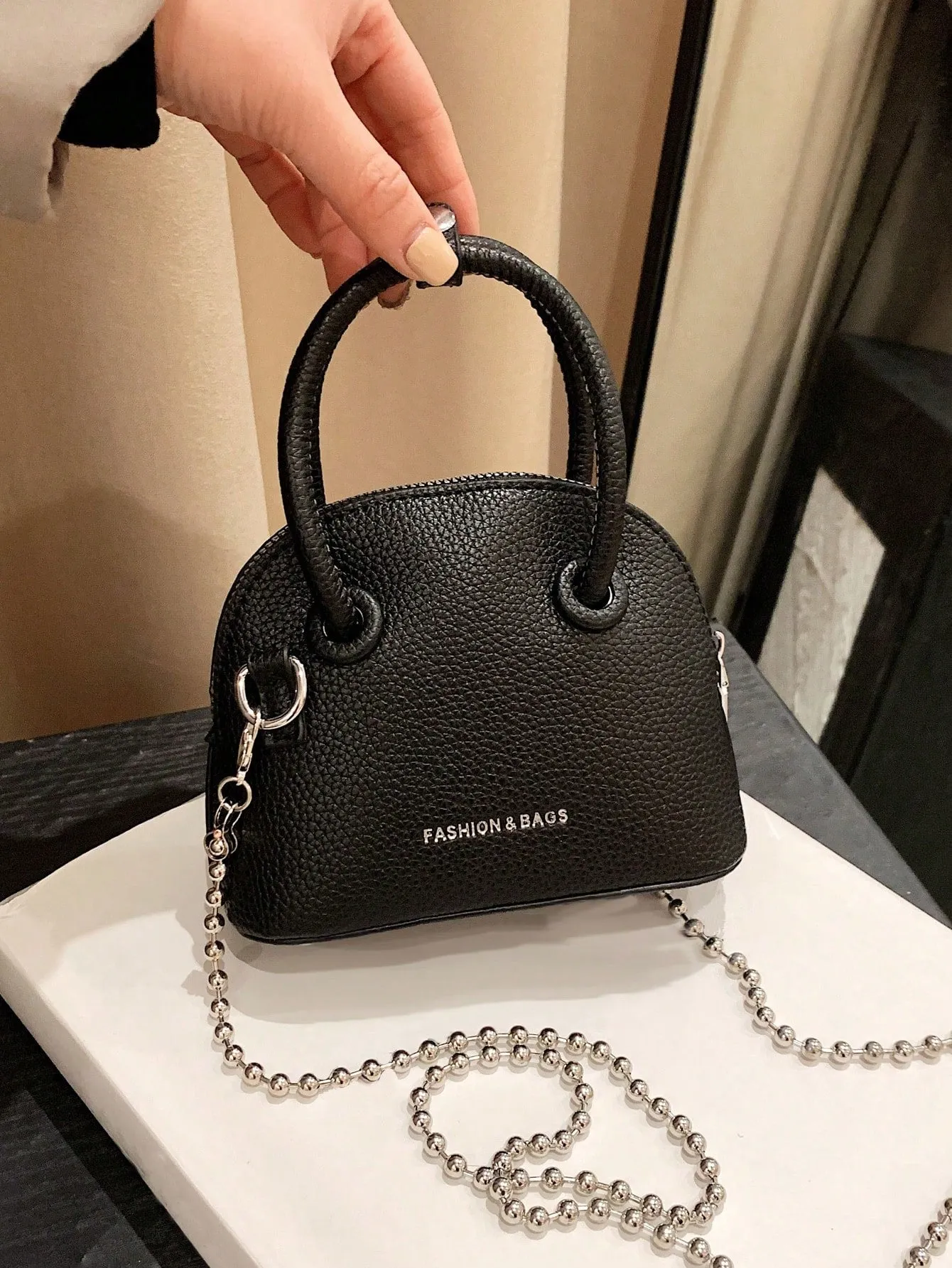 Mini Neon Pink Litchi Embossed Chain Dome Bag