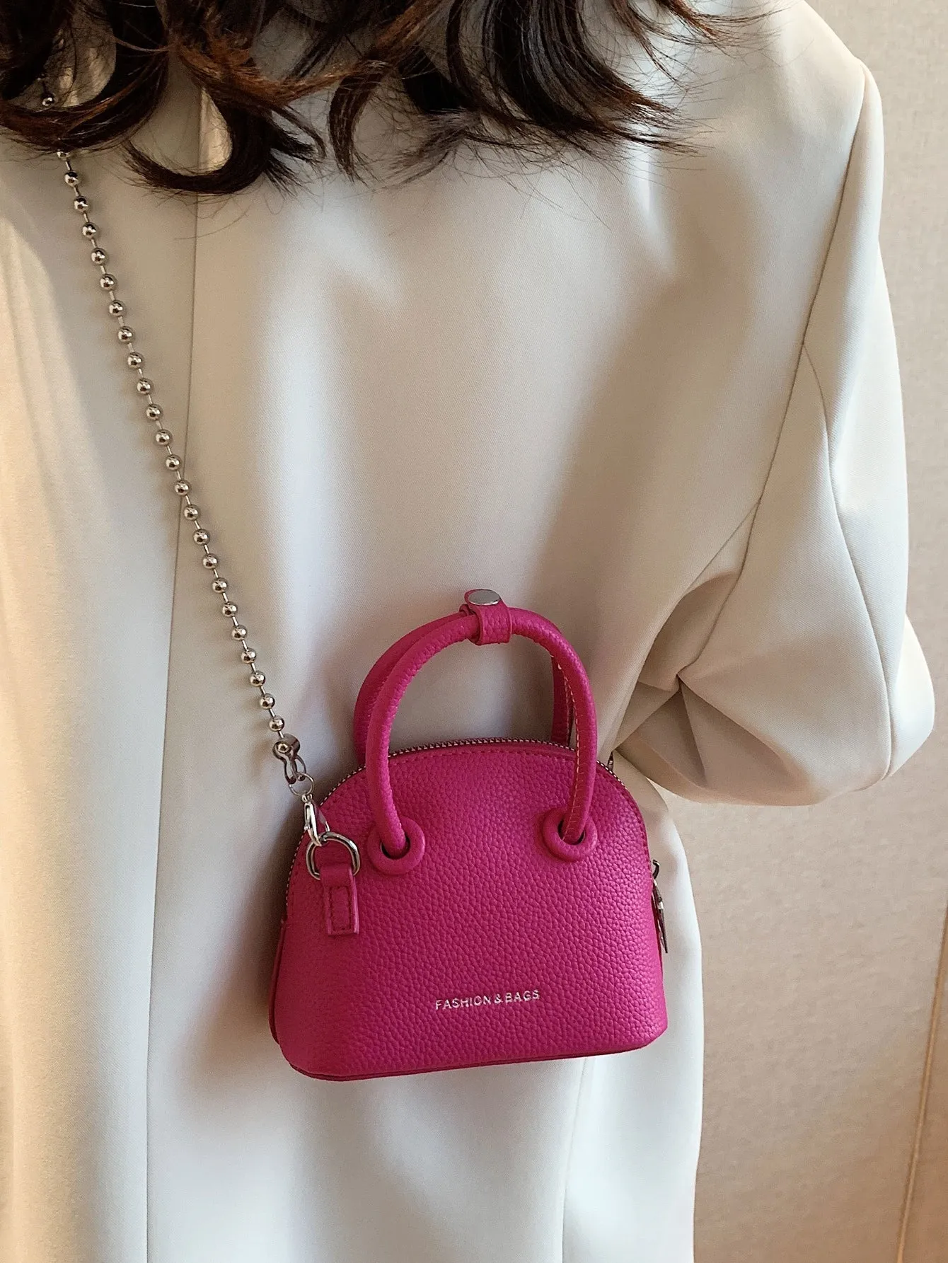 Mini Neon Pink Litchi Embossed Chain Dome Bag