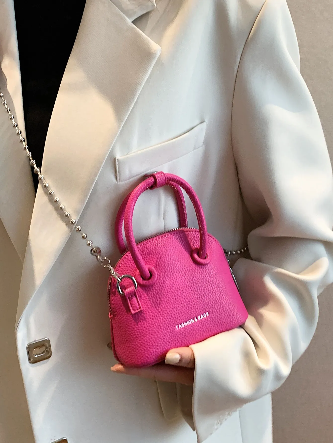 Mini Neon Pink Litchi Embossed Chain Dome Bag