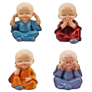MKSL Resin Set of 4 Buddha Monk Statues Miniature Figurines Showpiece for Wall Shelf Table Desktop Car Dashboard Decoration Home Office Decor Gift for Diwali.