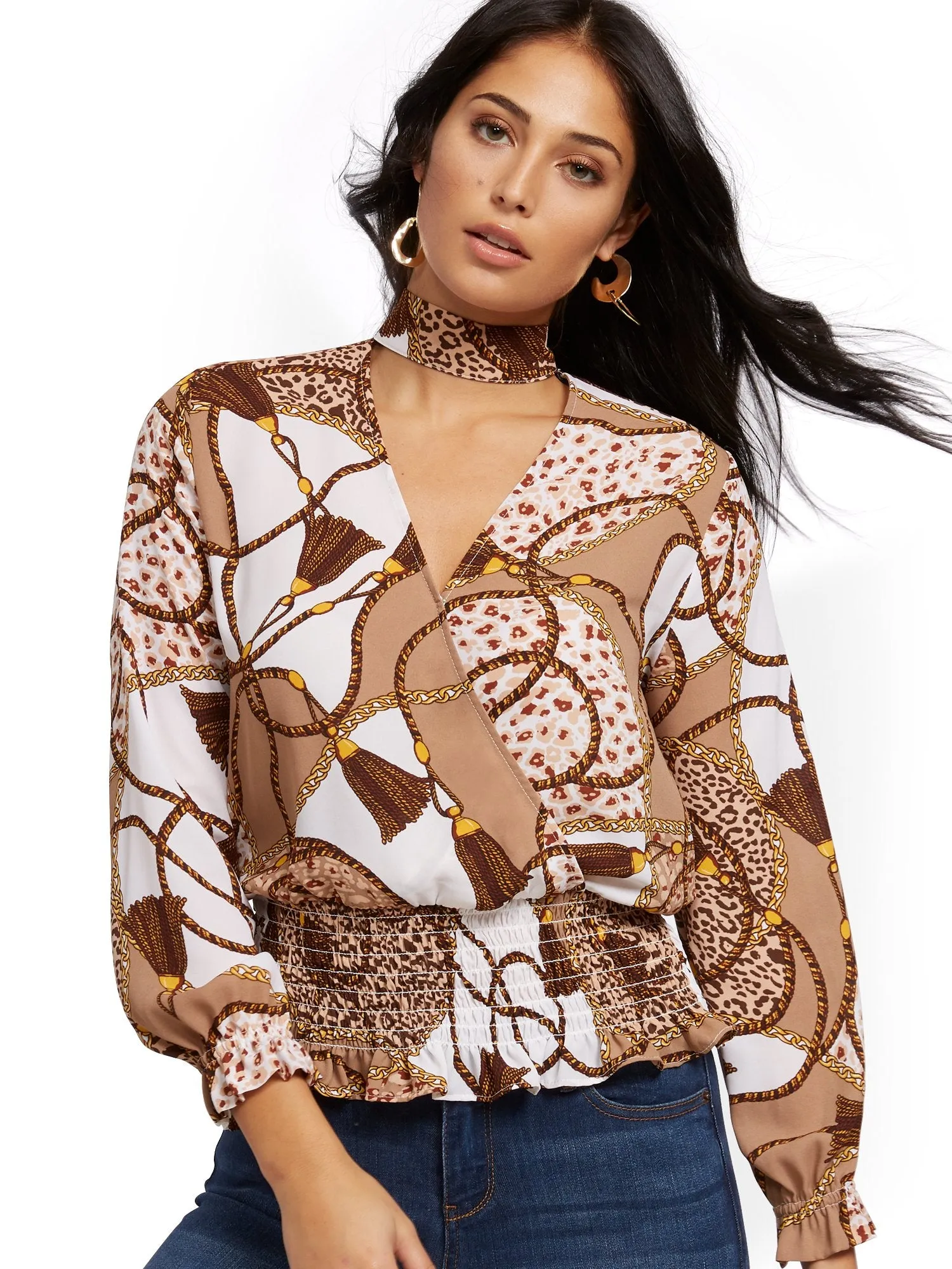 Mock-Neck Wrap Blouse - Mixed Print