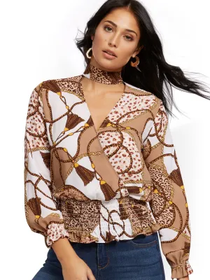 Mock-Neck Wrap Blouse - Mixed Print