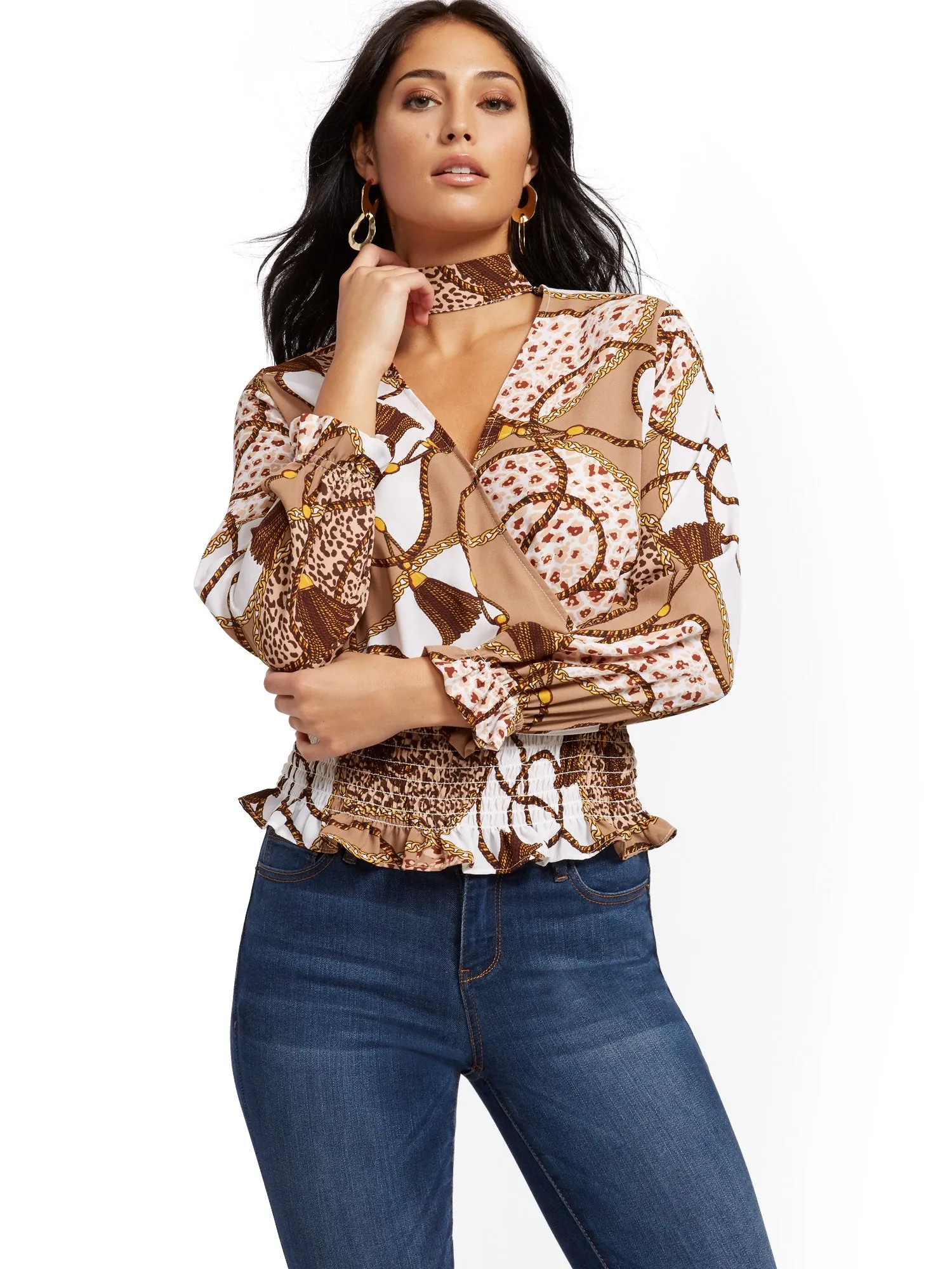 Mock-Neck Wrap Blouse - Mixed Print