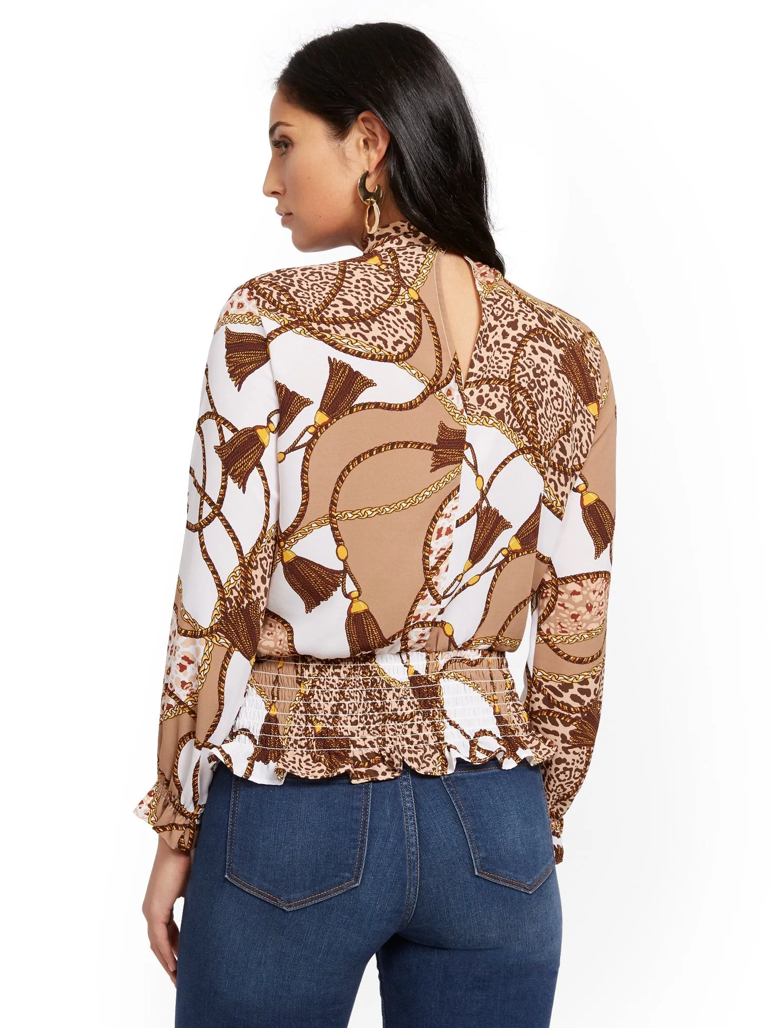 Mock-Neck Wrap Blouse - Mixed Print