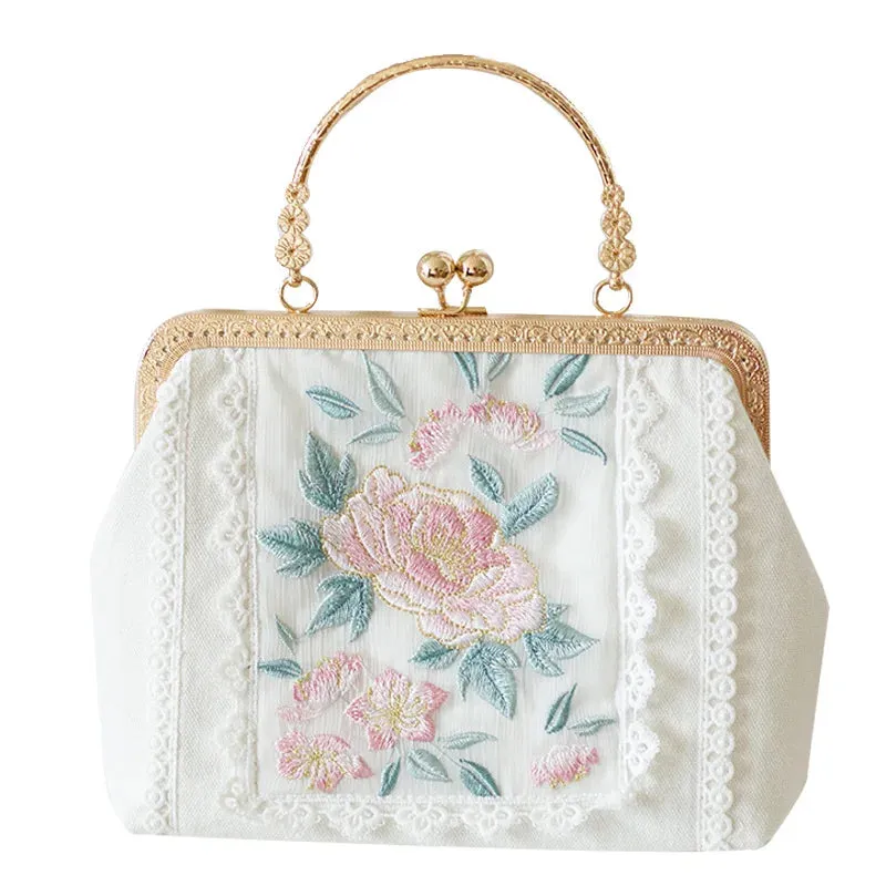 Mqtime Vintage Embroidery Lace Flower Lock Shell Bags Bag Women's Handbags Purses Bag Chain Women Shoulder Crossbody Bags Pure Handmade