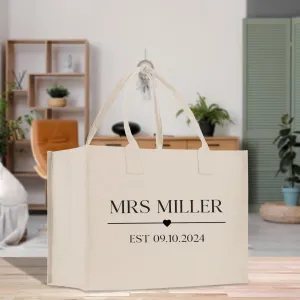 Mrs. Last Name Est Year Tote Bag Personalized Date Wedding Gift Tote Bridal Shower Gift Honeymoon Gift Customized Bridesmaid Gift (MRST1001)