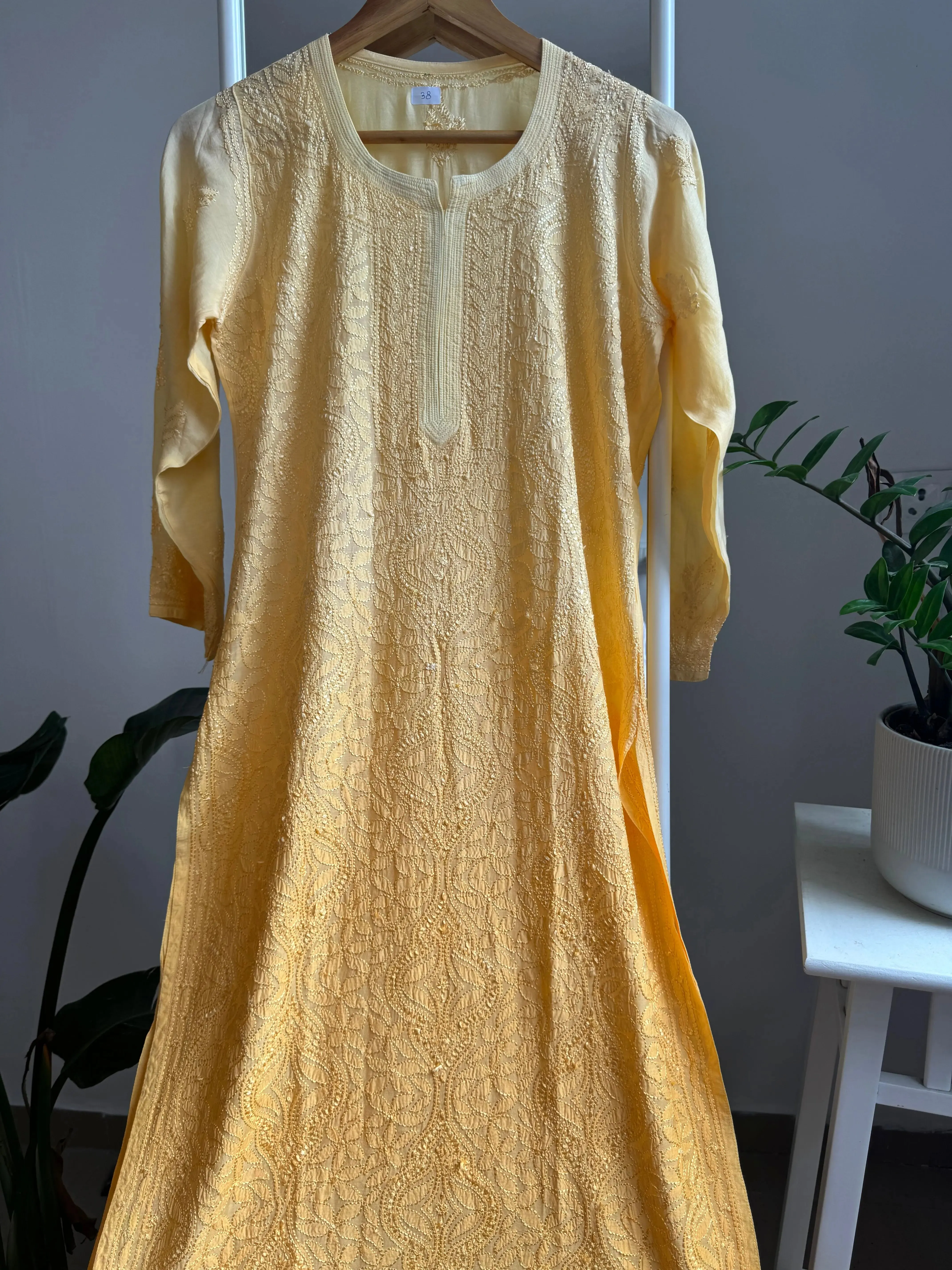 Muslin Chikankari Kurti - Yellow Ombre