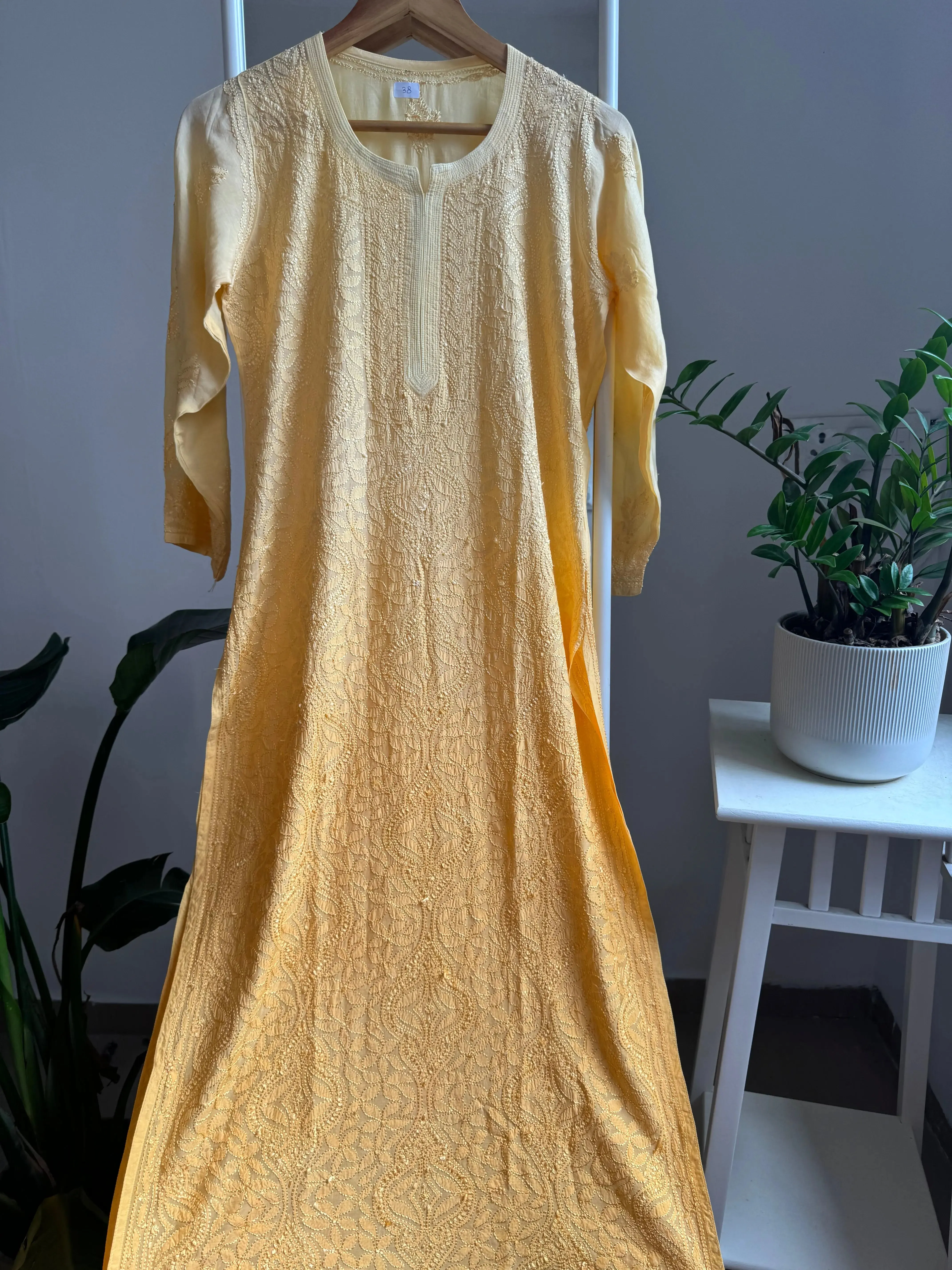 Muslin Chikankari Kurti - Yellow Ombre