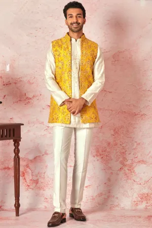 Mustard Raw Silk Long Bundi With Cream Silk Short Kurta