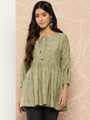 Olive Printed Silk Blend A-Line Kurti