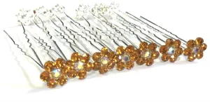 Orange Diamanté Flower Pins 7pcs