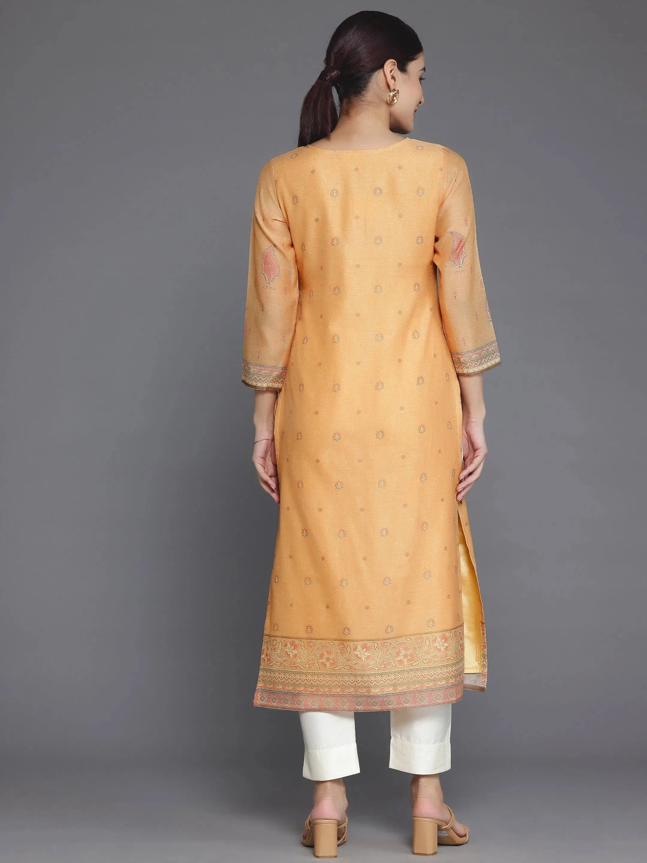 Orange Embellished Chanderi Silk Straight Kurta