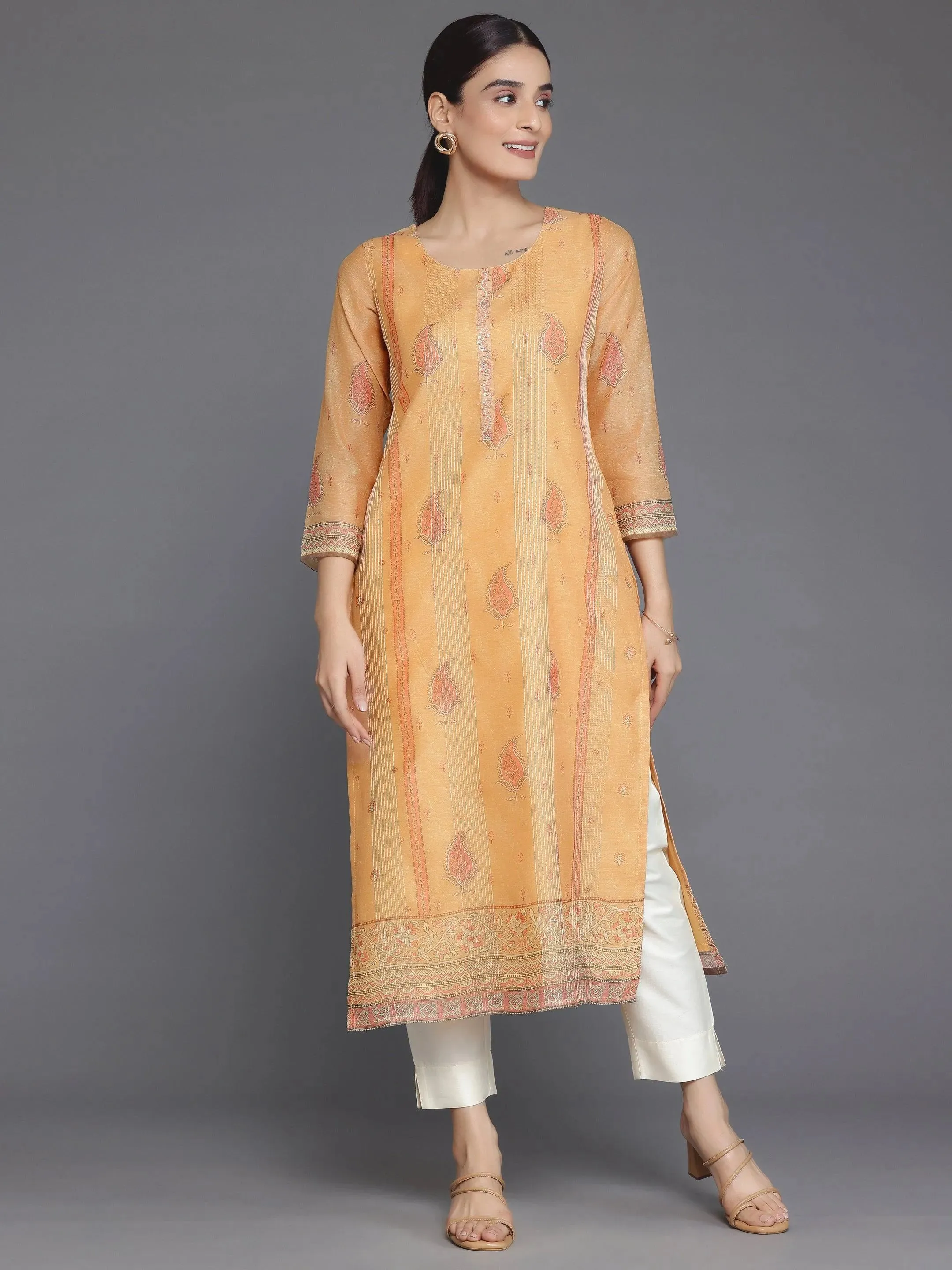 Orange Embellished Chanderi Silk Straight Kurta