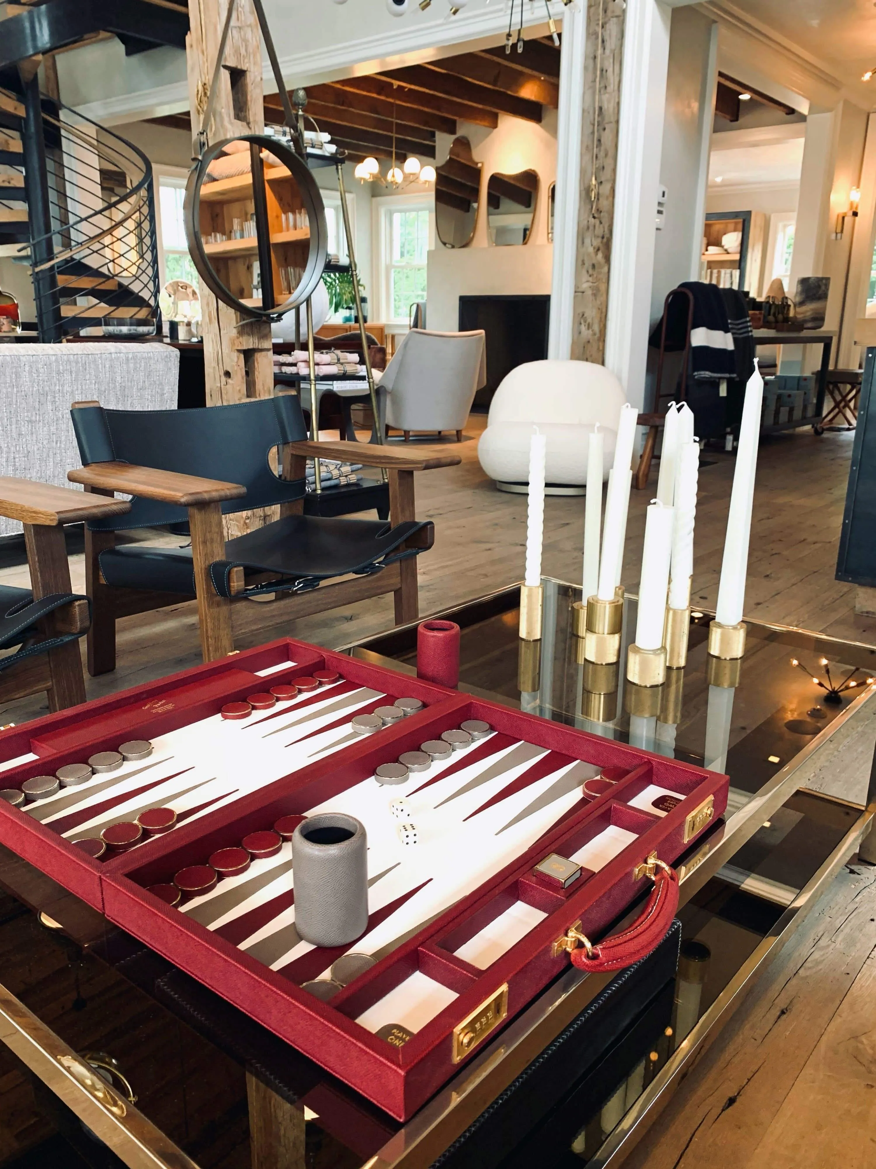 Ox Blood and Slate Grey Leather Backgammon Board by Geoffrey Parker