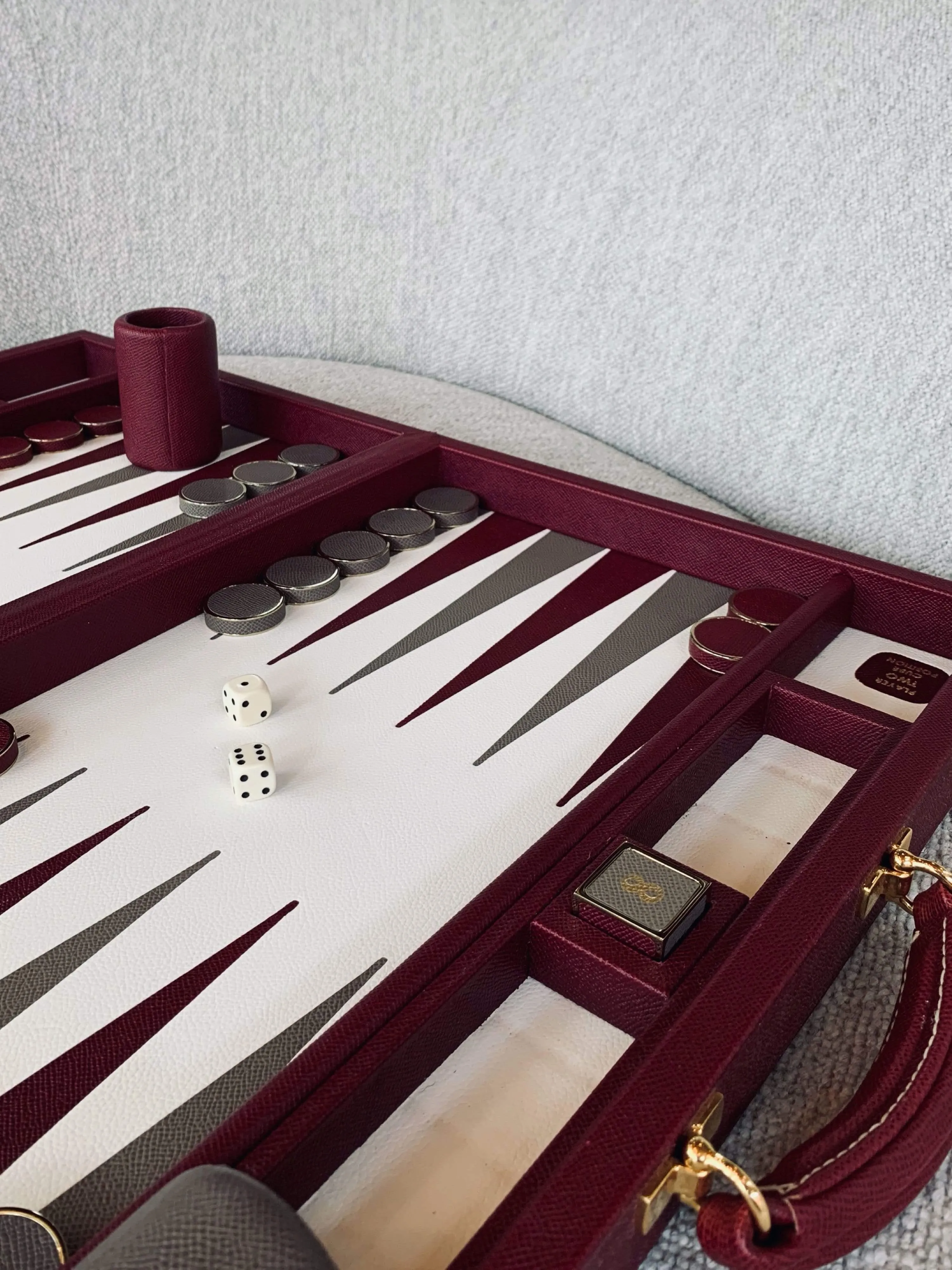 Ox Blood and Slate Grey Leather Backgammon Board by Geoffrey Parker