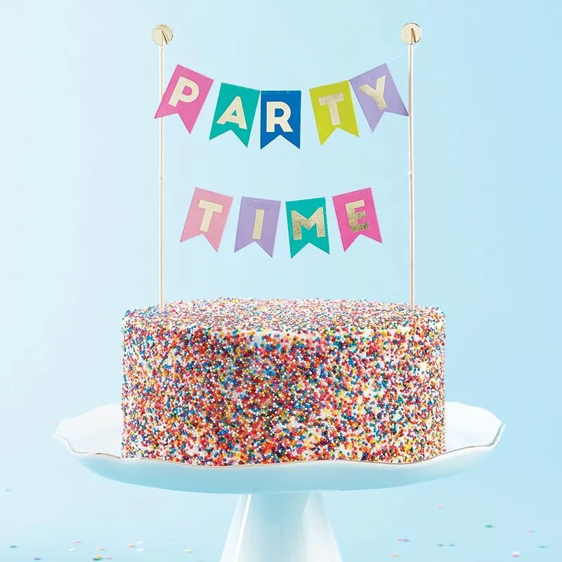 Party Time Garland Cake Flags, Charming Cake Topper with Gold Foil Details and Festive Pastel Garland